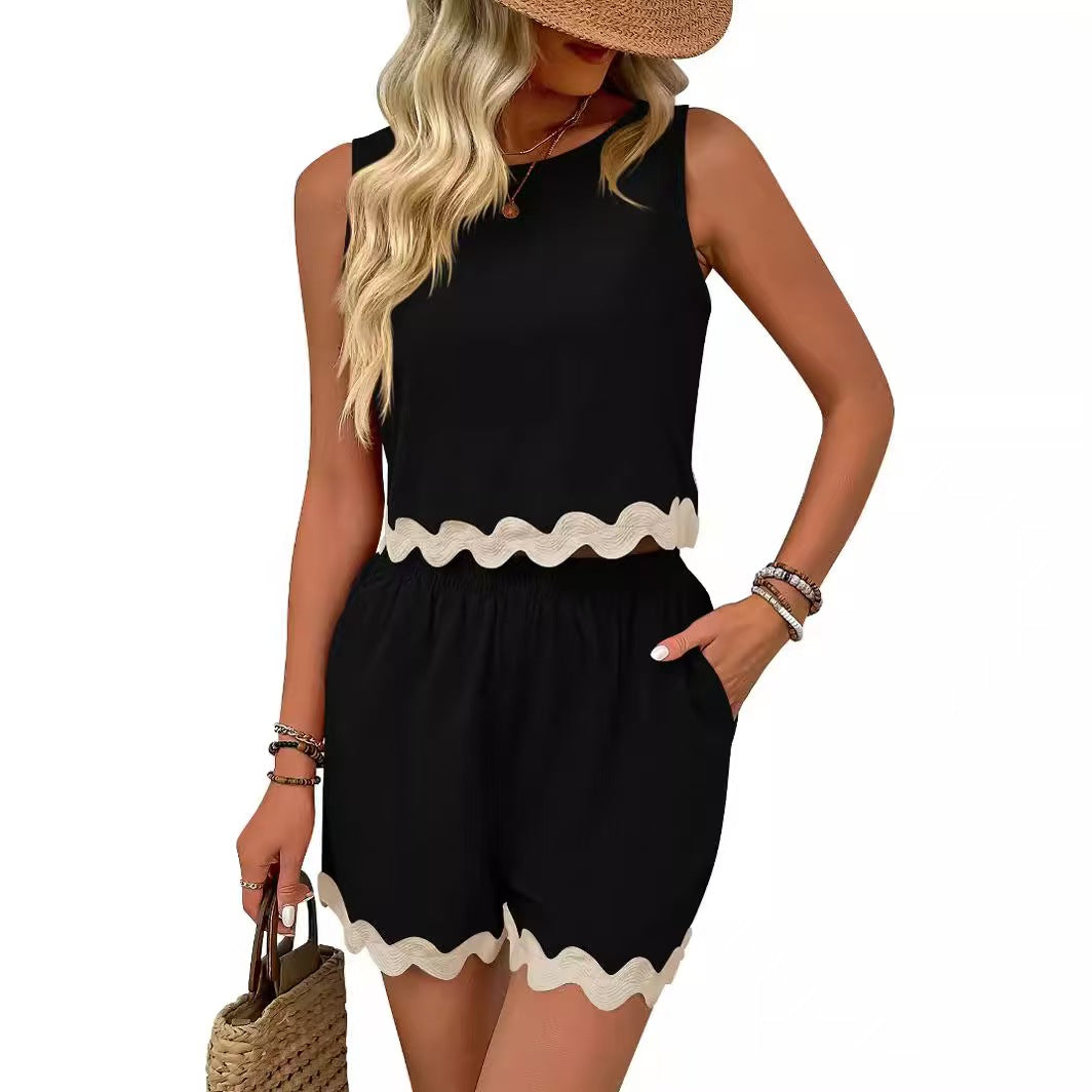 T588-1244 Lace round neck vest set, short sleeved top, short sleeved