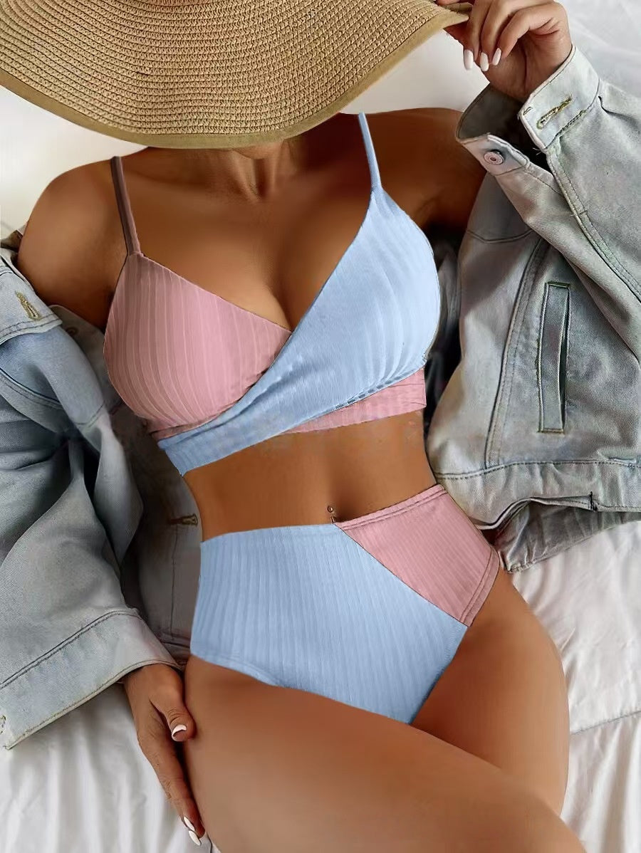 T588-1236 Double color cross thin shoulder strap split swimsuit