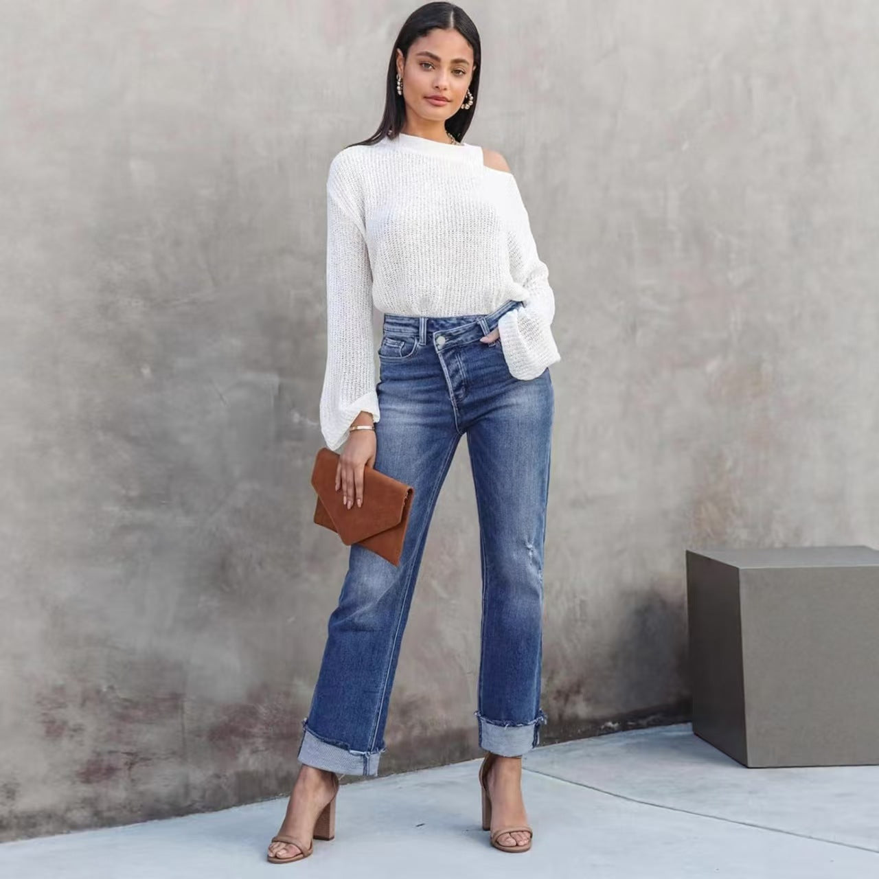 T588-242 Wide leg denim high waisted jeans
