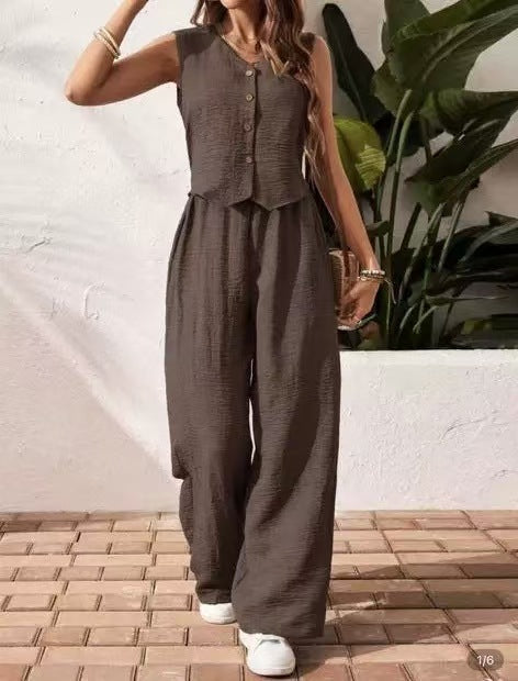Unlimited button vest wide leg set casual solid color E1280