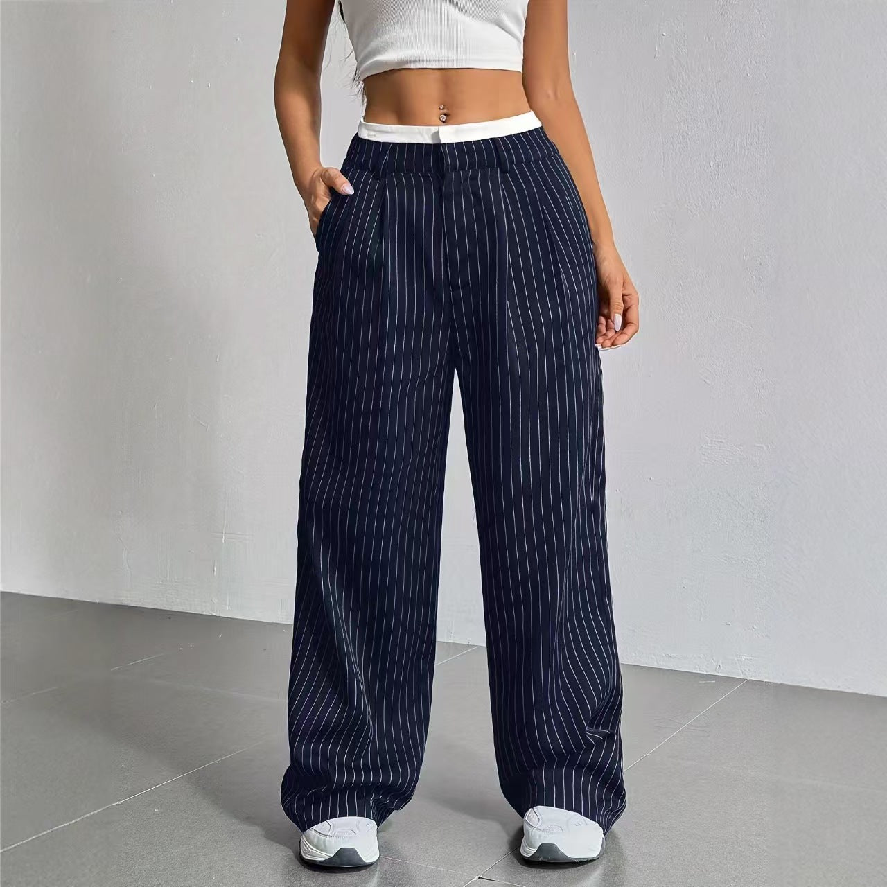 High waisted drape striped suit pants versatile  E1292