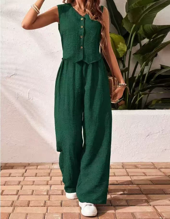 Unlimited button vest wide leg set casual solid color E1280