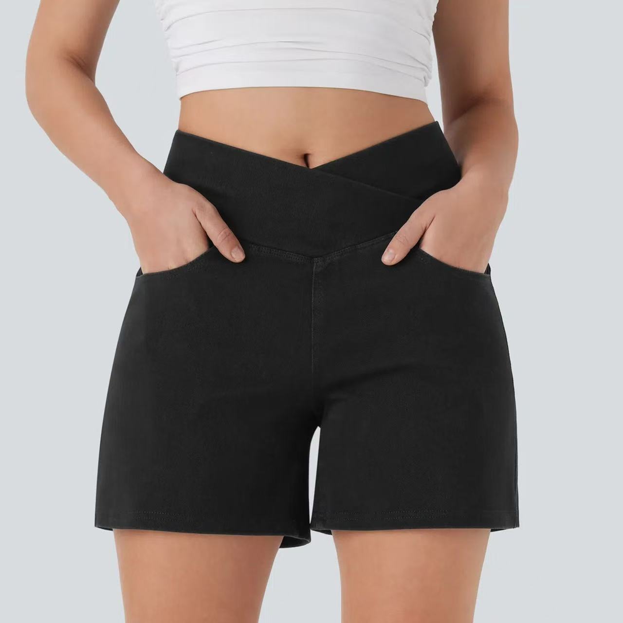 T588-1093 Cross high waisted denim shorts, casual cycling pants