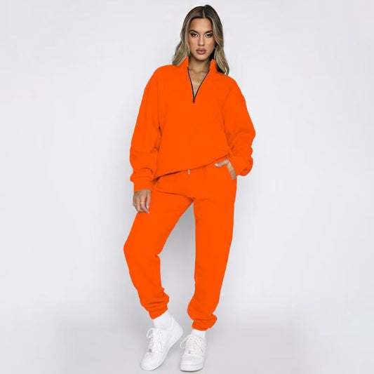 T588-812  Stand up collar pullover solid color hoodie set long sleeved