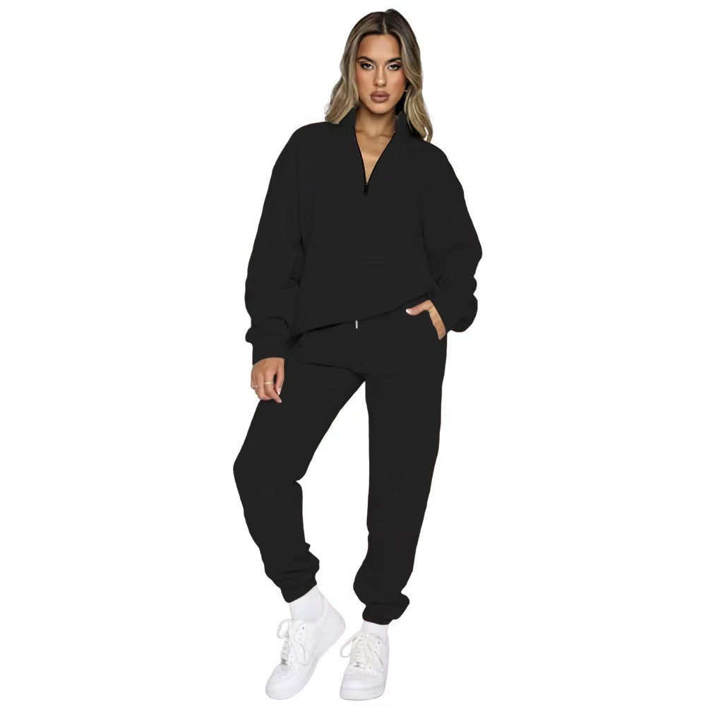 T588-812  Stand up collar pullover solid color hoodie set long sleeved