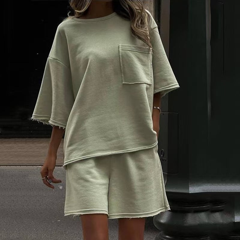 T588-1239  Summer casual loose short sleeved shorts set