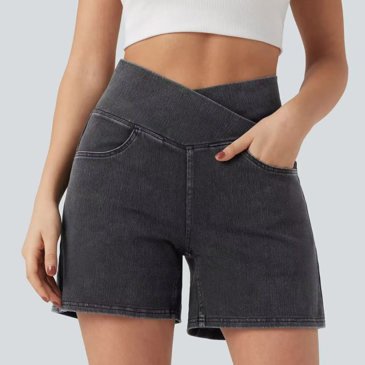 T588-1093 Cross high waisted denim shorts, casual cycling pants