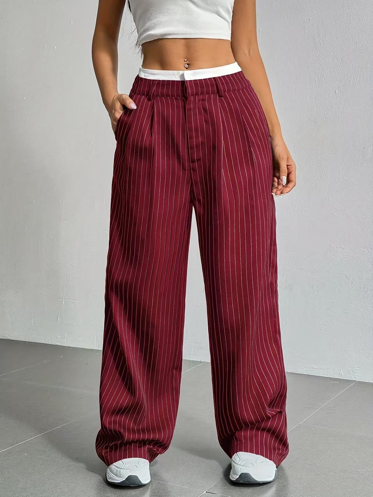 High waisted drape striped suit pants versatile  E1292