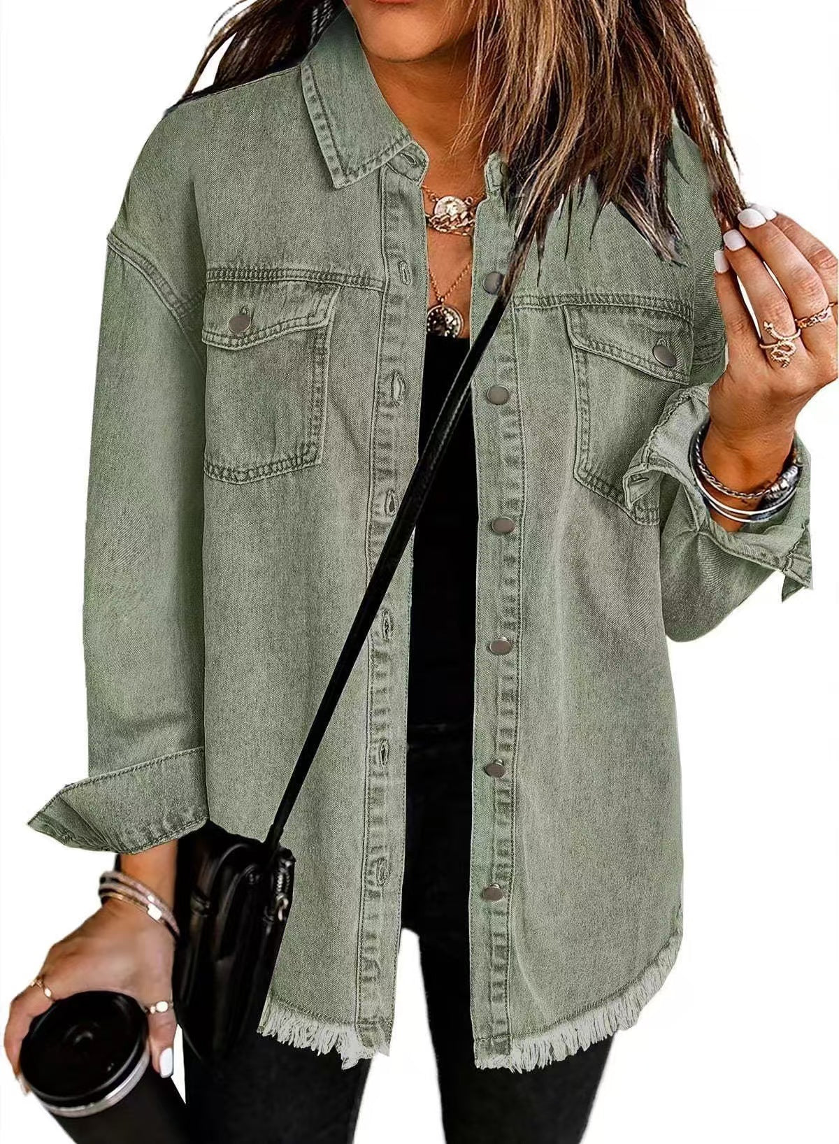 T588-610 - Button-up Frayed Hem Jacket-GYYF