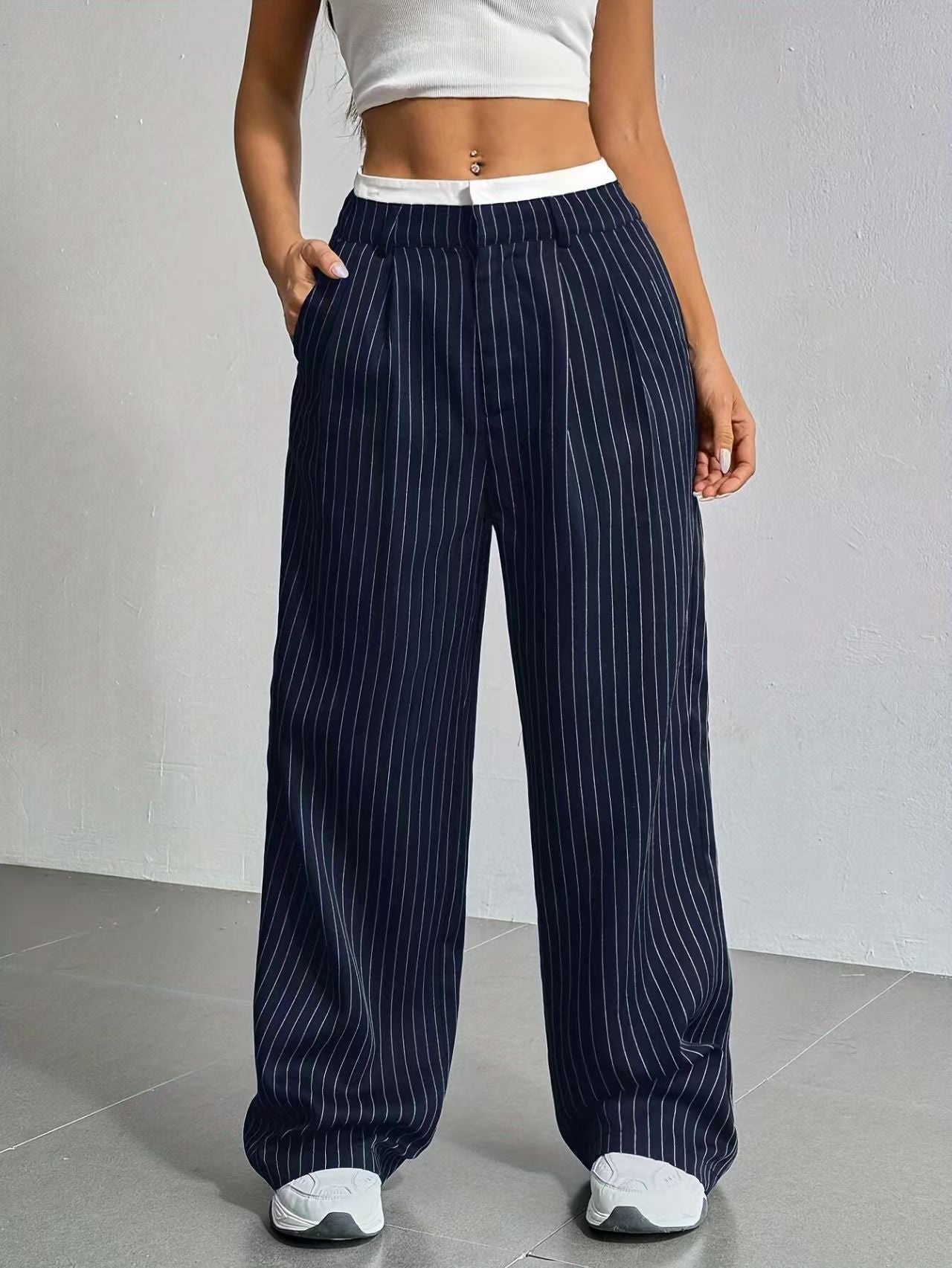 High waisted drape striped suit pants versatile  E1292