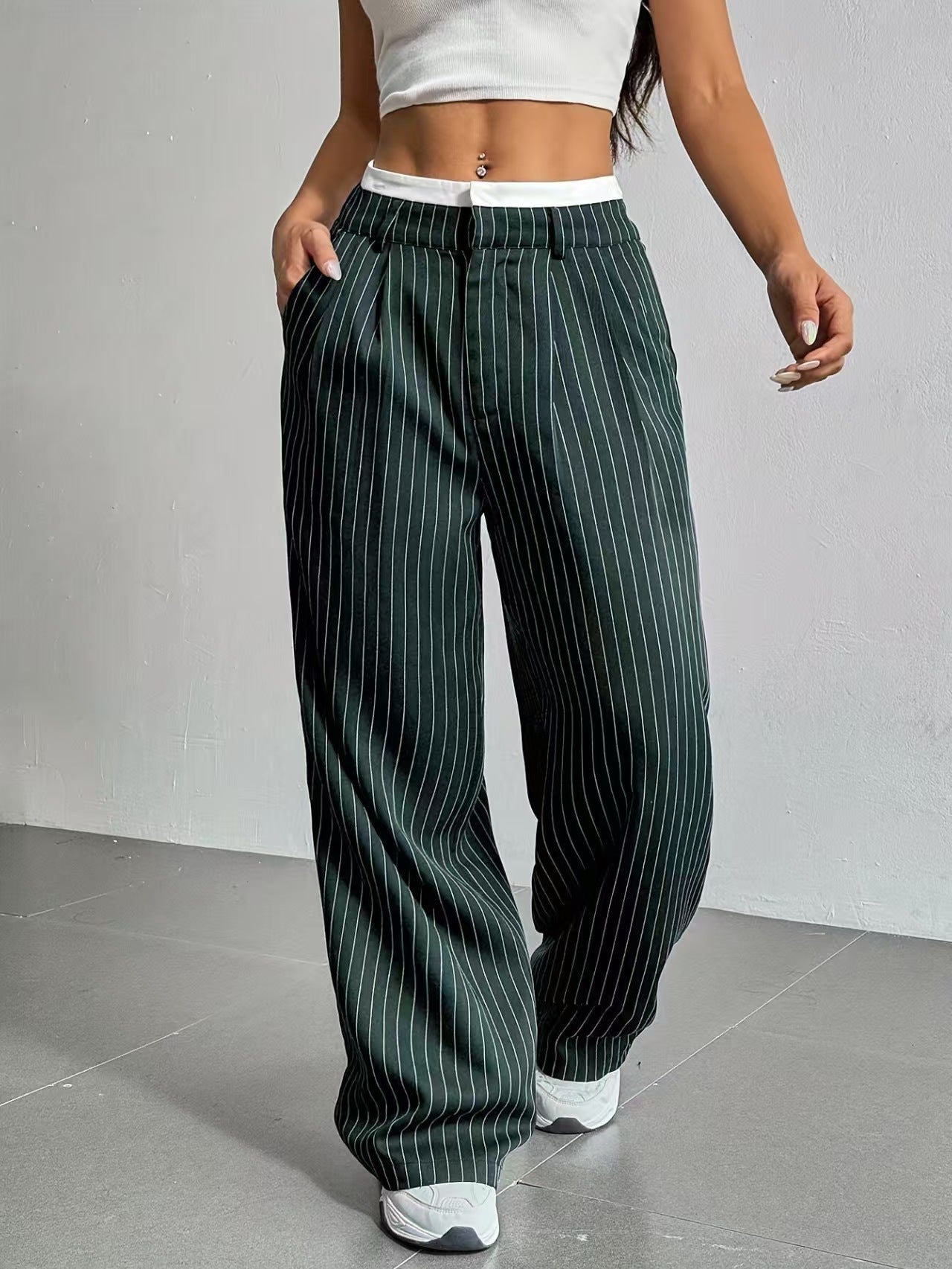 High waisted drape striped suit pants versatile  E1292