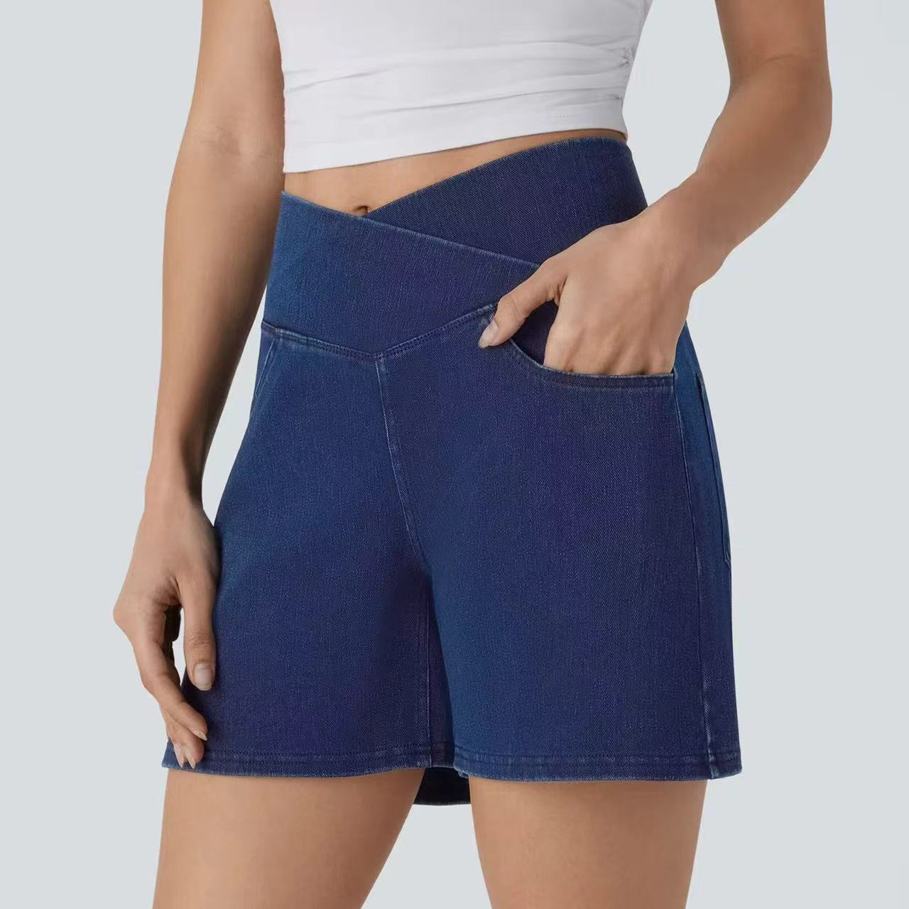 T588-1093 Cross high waisted denim shorts, casual cycling pants