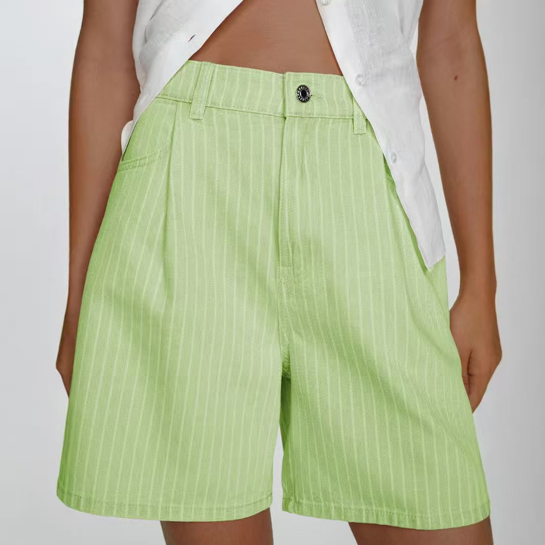 T588-1165   Casual loose striped high waisted denim shorts